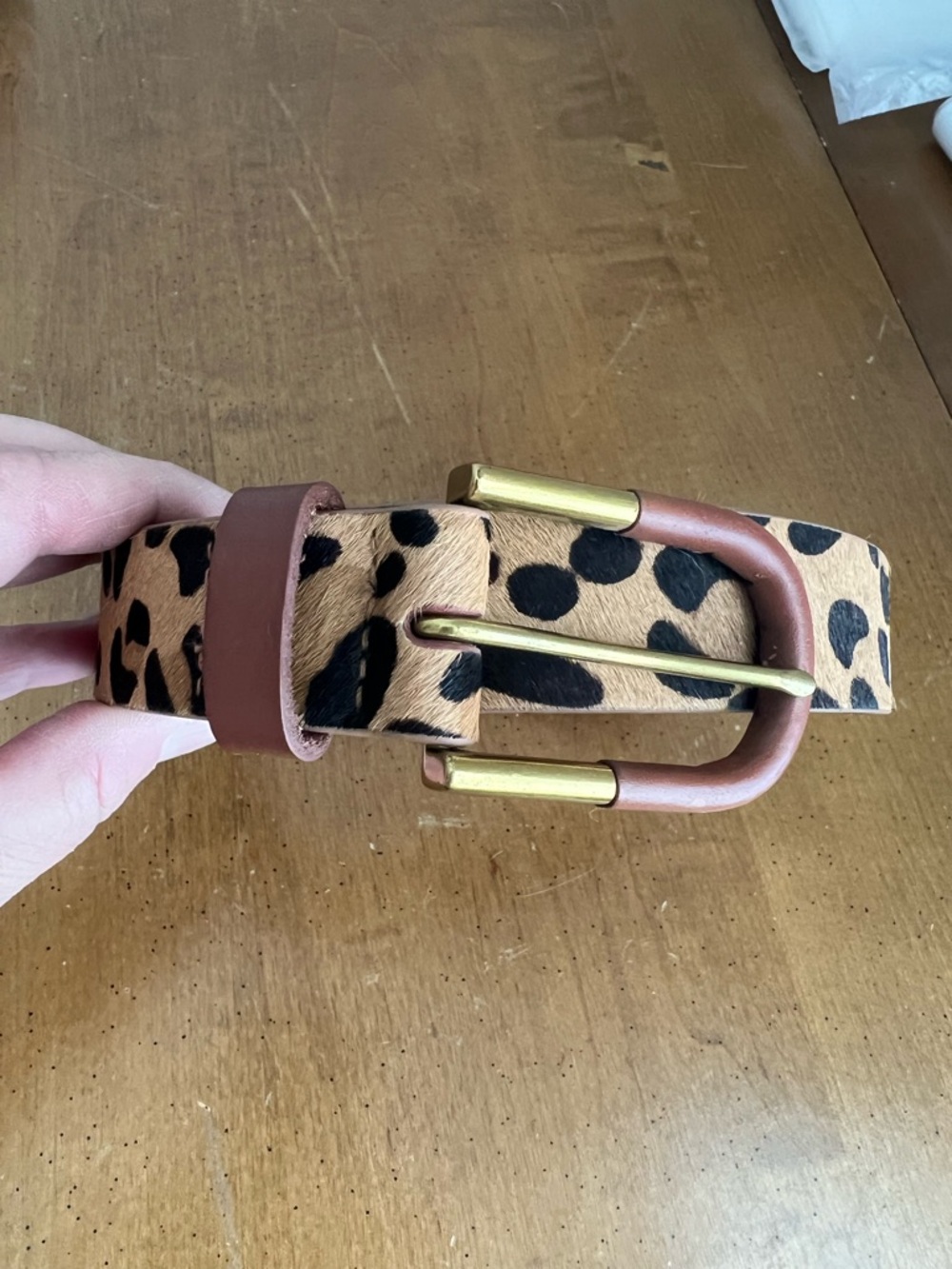Leopard Print Calf Hair Belt Tan Black Animal Print Gold Wood Buckle Women Small - Picture 2 of 4